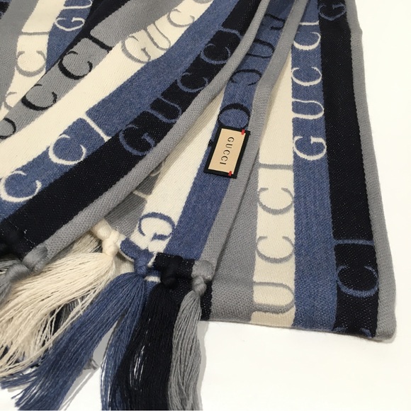 AUTHENTIC GUCCI WOOL STRIPED LONG SCARF -GREY / BLUE -NWT - Picture 7 of 7